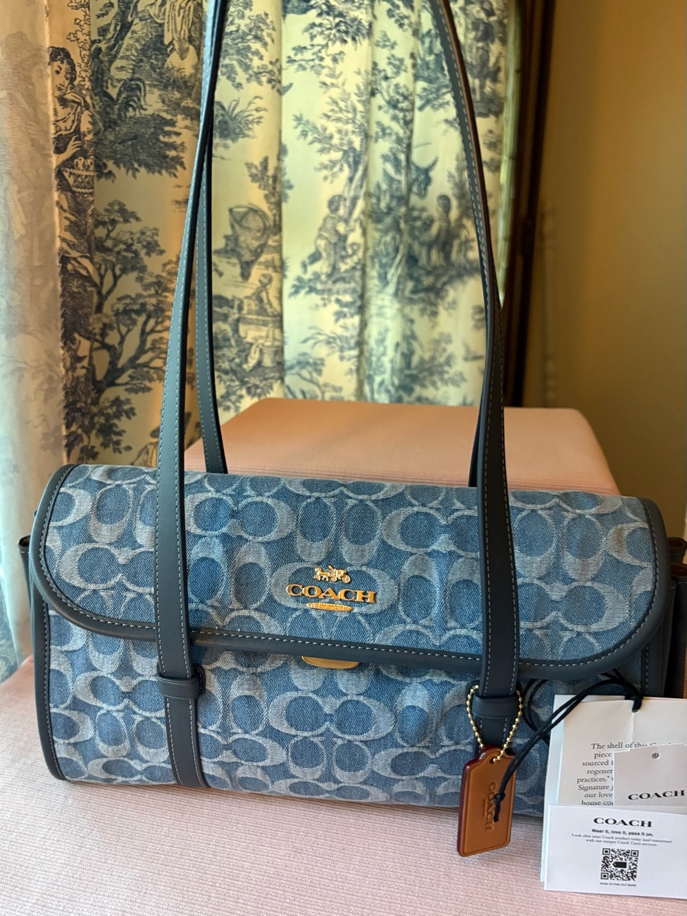 Coach Denim Signature Barrel Shoulder Bag in Blue with Tan Tag